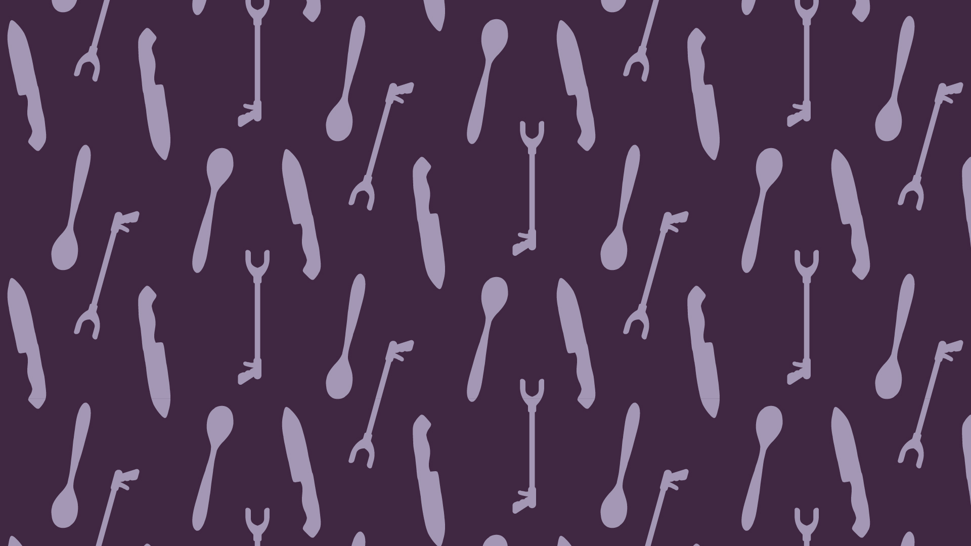 Spoon, grabber, and knife, lavender pattern on a dark purple background.