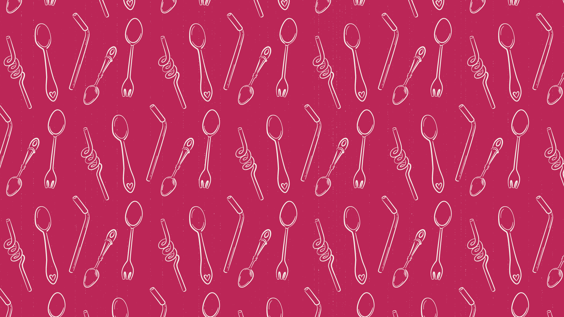 Magenta wallpaper with white line art of various spoons, straws, and utensils.
